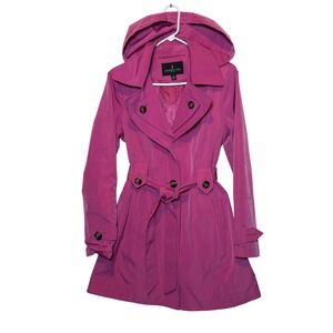London Fog Trench Coat Hooded Belted Pink Button Front Womens Jacket Medium Flaw